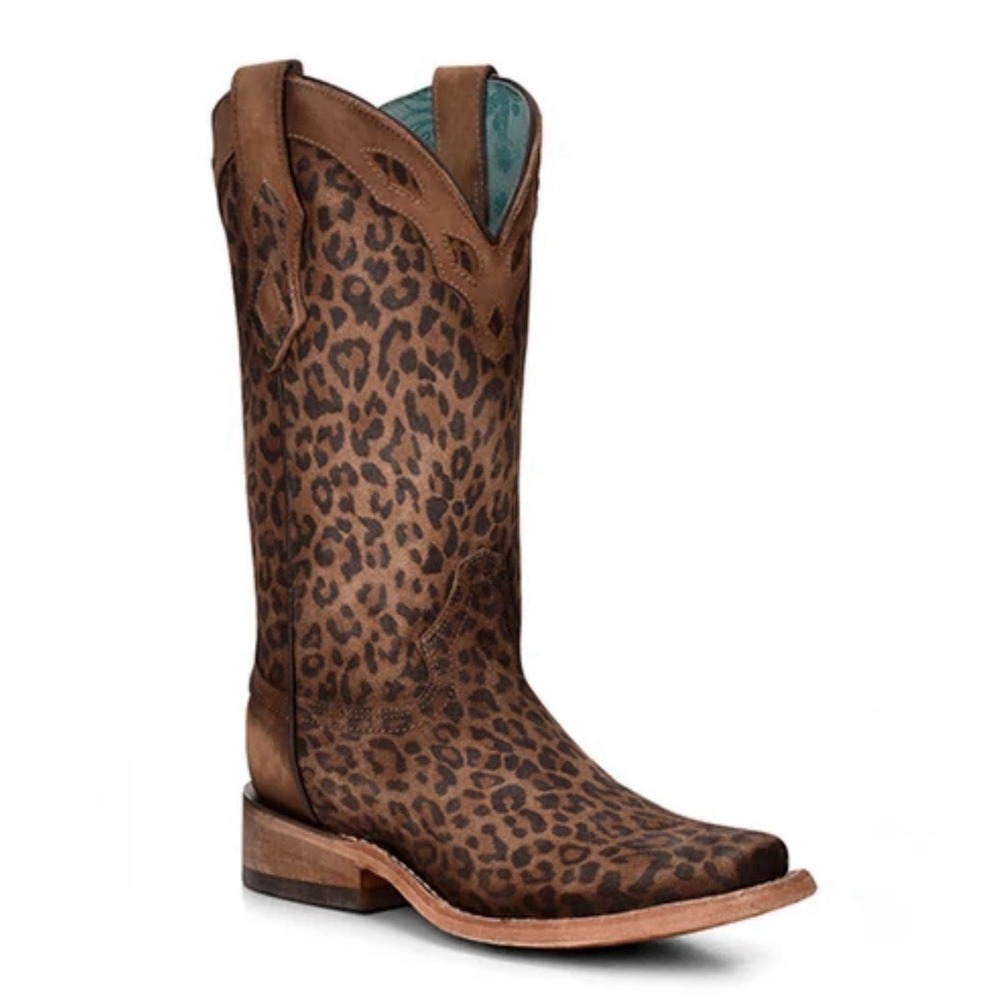 Corral Ladies Sand Leopard Print Overlay Boot Square Toe Size 8 M C3788 Western